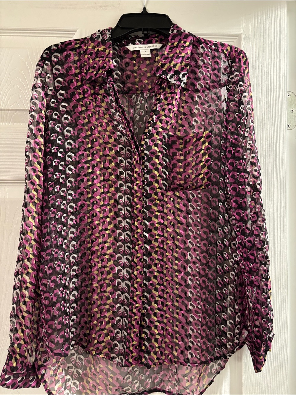Diane Von Furstenberg Purple Pink Black Sheer Printed Button-Up Blouse